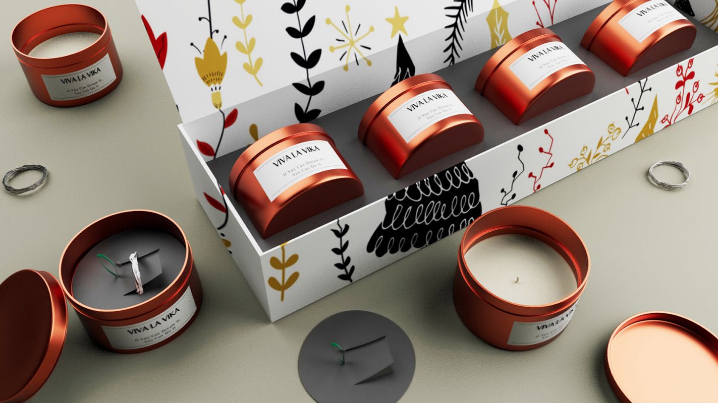 Christmas packaging design inspiration, four candle jars placed in a box with a Christmas-themed design and three other candle jars next to the box.