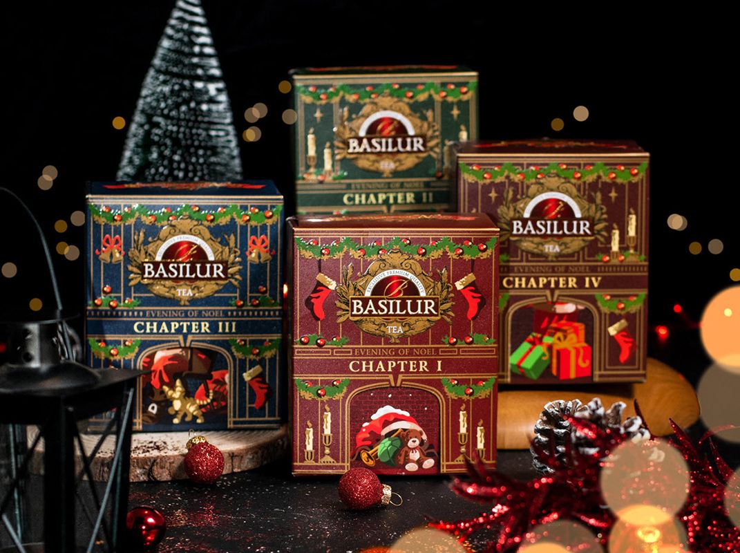 Christmas packaging design inspiration, four tea boxes with a Christmas design.
