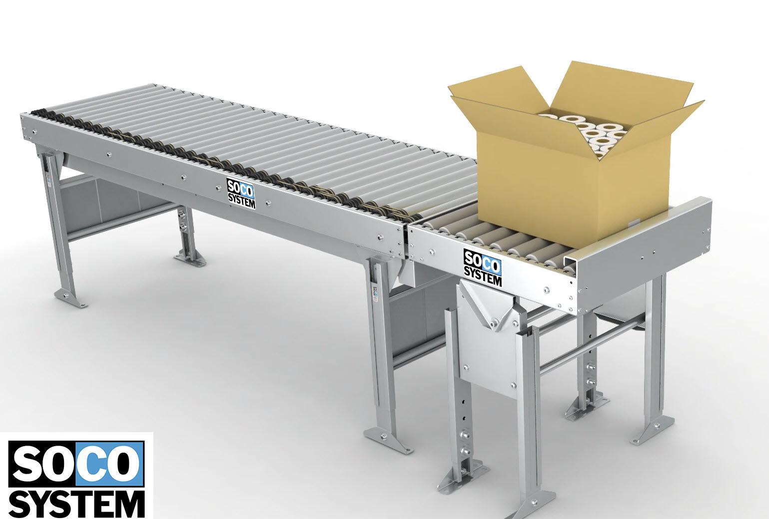 A roller conveyor used in the packaging industry for easier and faster box handling.