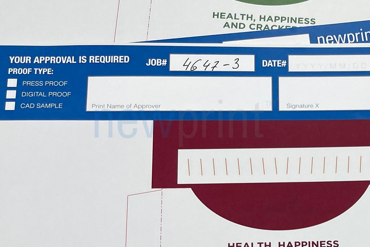 Printed sheet of paper that serves as a printed proof for product packaging containing a form for proof approval.