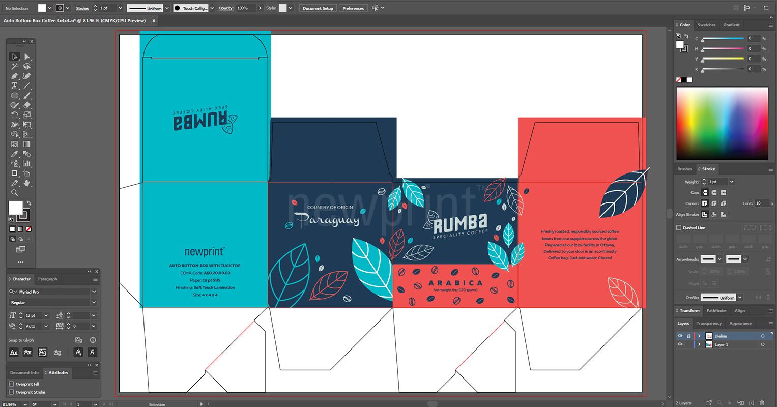 Screenshot of Adobe Illustrator interface with an opened file that shows a graphic design applied on a packaging dieline.