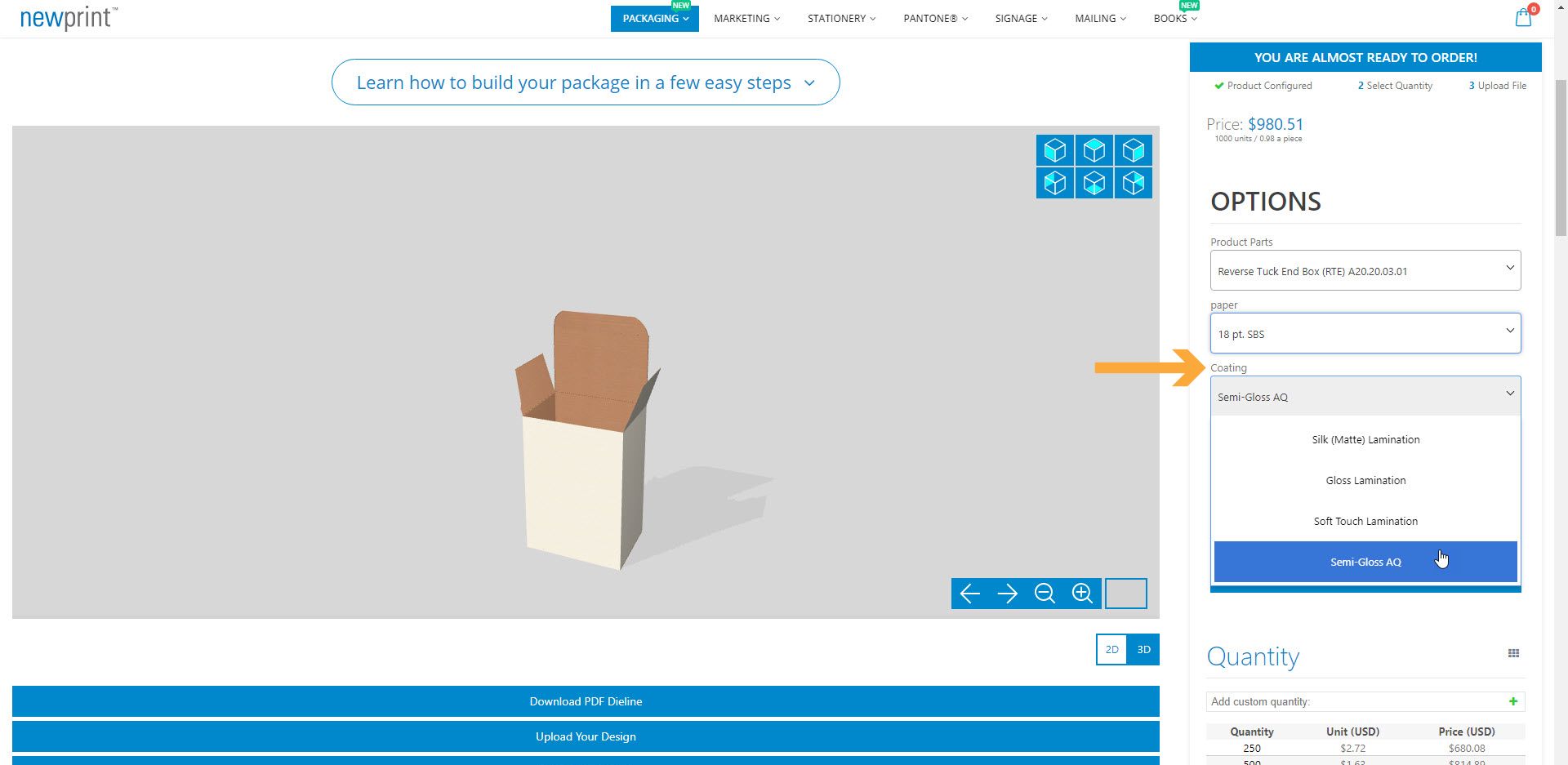 Screenshot of the packaging box product page showing where to choose coating.