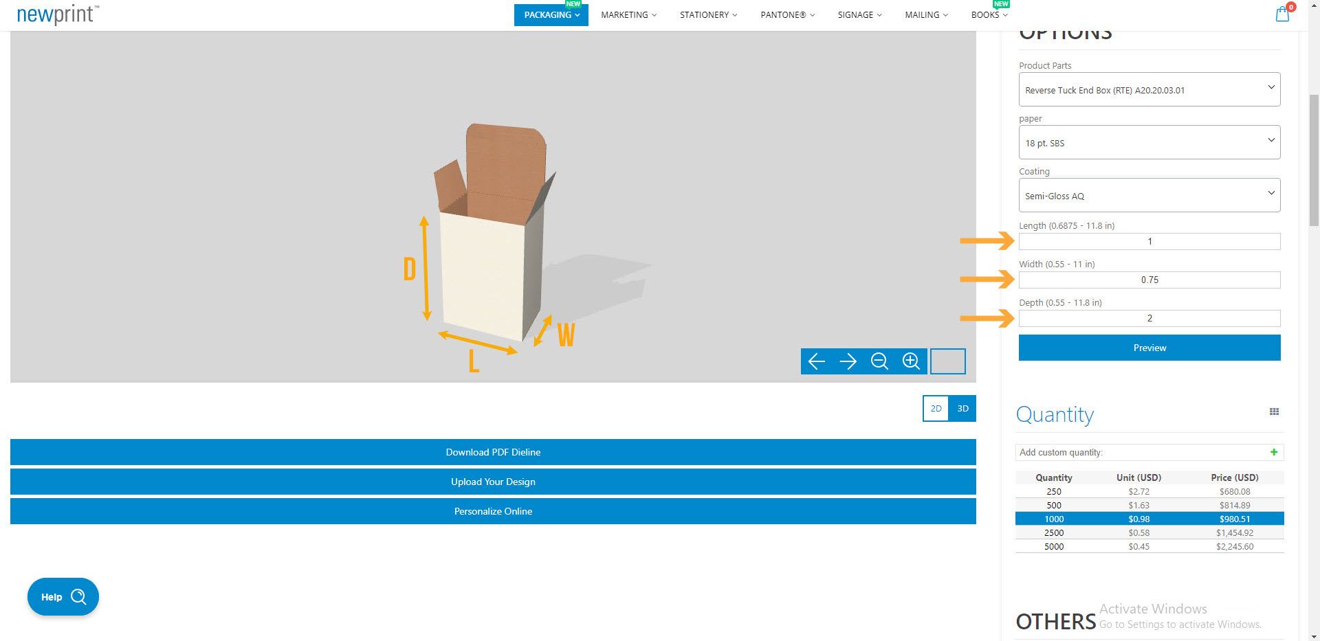 Screenshot of the packaging box product page showing where to choose custom box size.