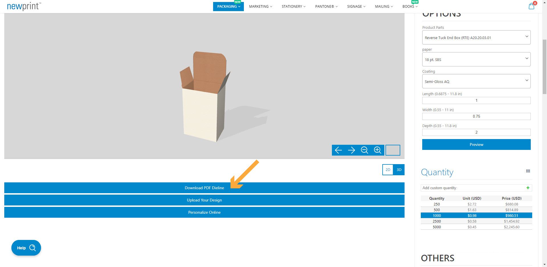 Screenshot of the packaging box product page showing where to download the packaging box dieline file.