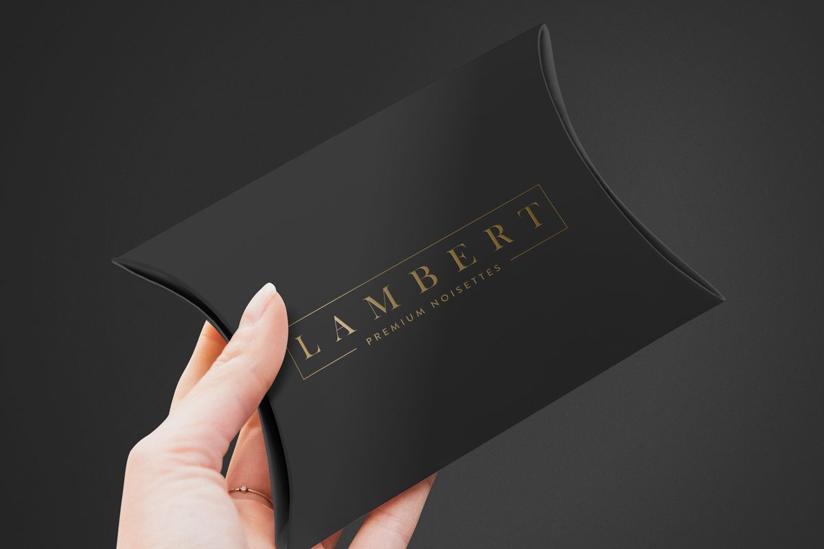A hand holding a black pillow box to showcase one of the custom packaging options.