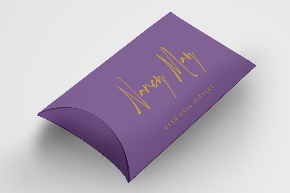 Image showing purple custom Pillow Box made to be jewelry box with logo on it.