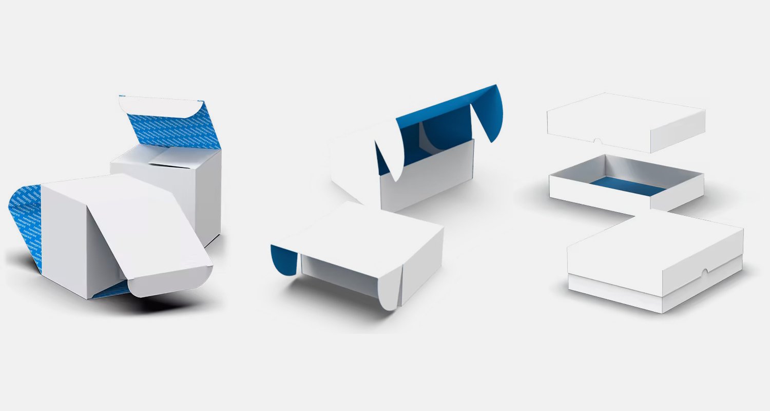 A computer graphic of three different product packaging boxes suitable for a cartoning machine.