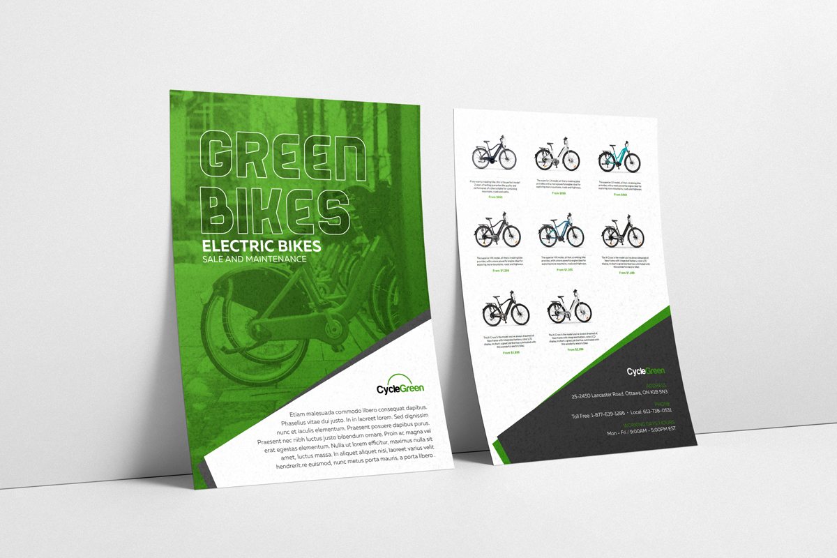 Image showing front and back side of a flyer promoting electric bikes.
