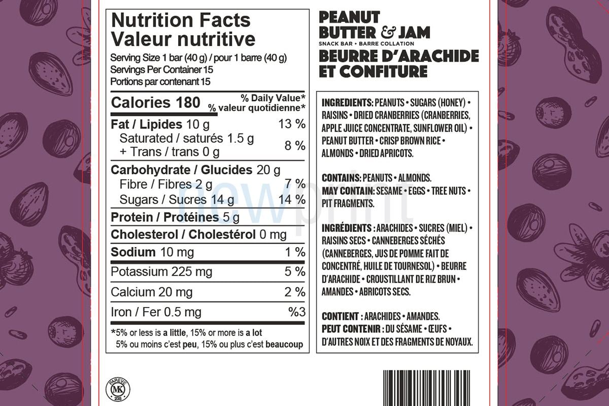 FDA food packaging regulation - Two boxes next to each other showing the front and the back side of energy bar food packaging, with a zoomed-in detail showing ingredients and allergen information.