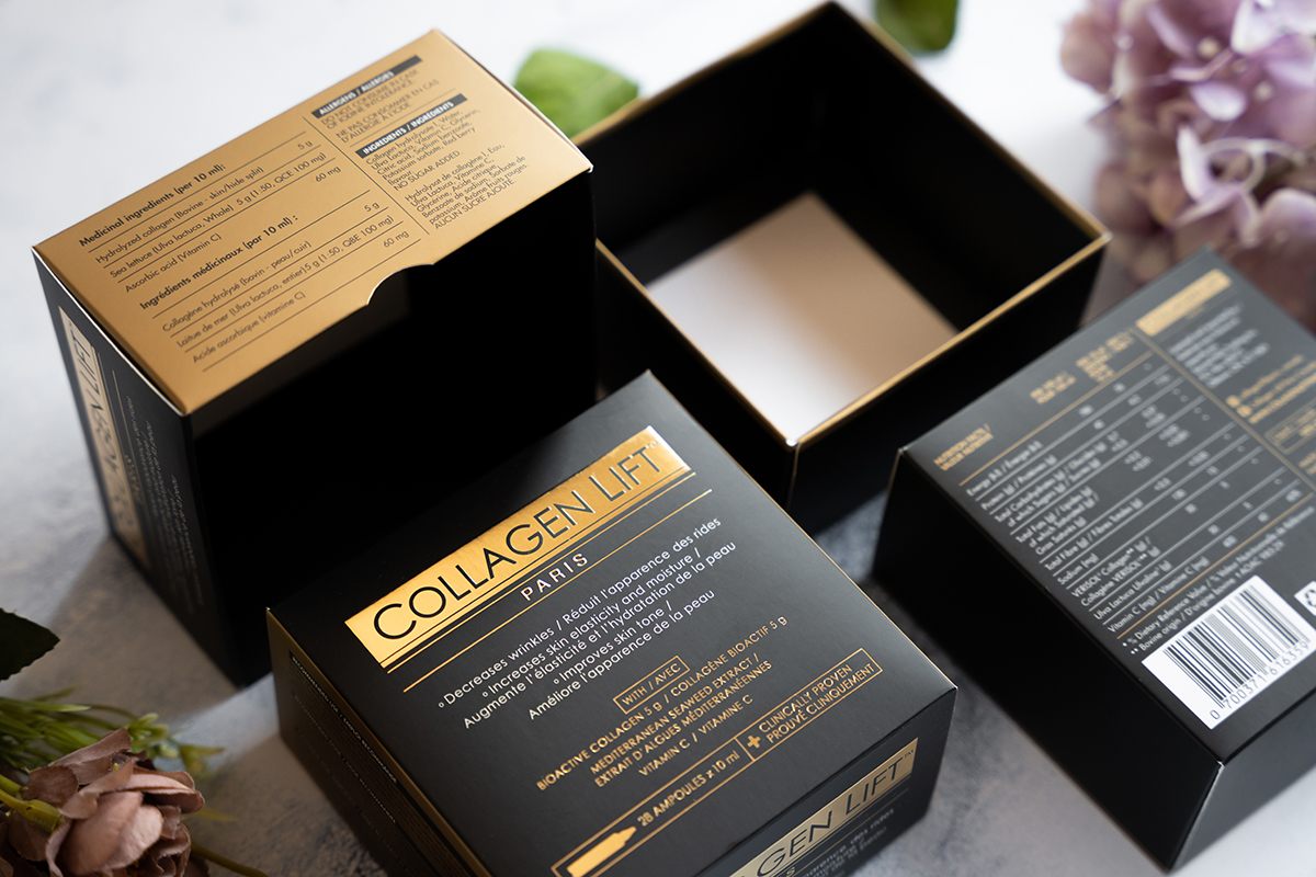 Three custom Gift Boxes for collagen, showing top, bottom and sides.