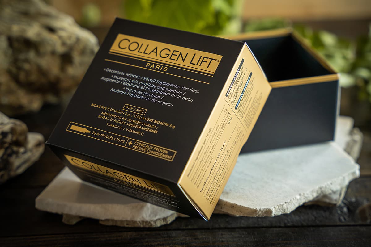 lid and base box for collagen lift with elegant gold and black design.