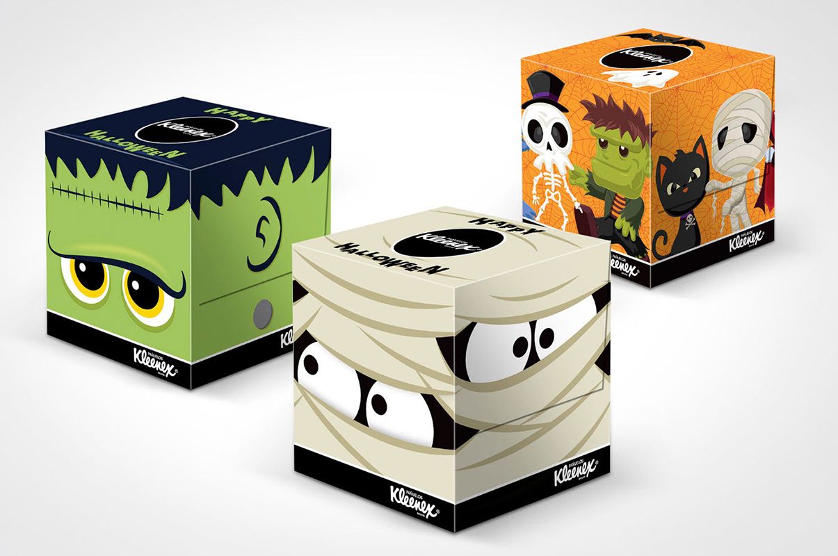 Three different Halloween packaging boxes for Kleenex.