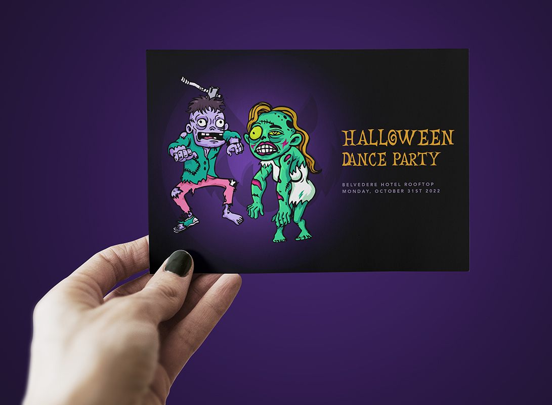 Halloween party invitation with two dancing zombies in the spotlight.