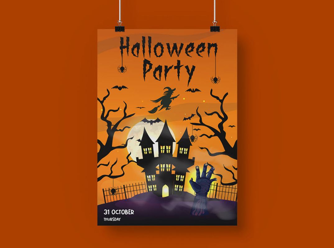 Halloween party poster in orange and black.