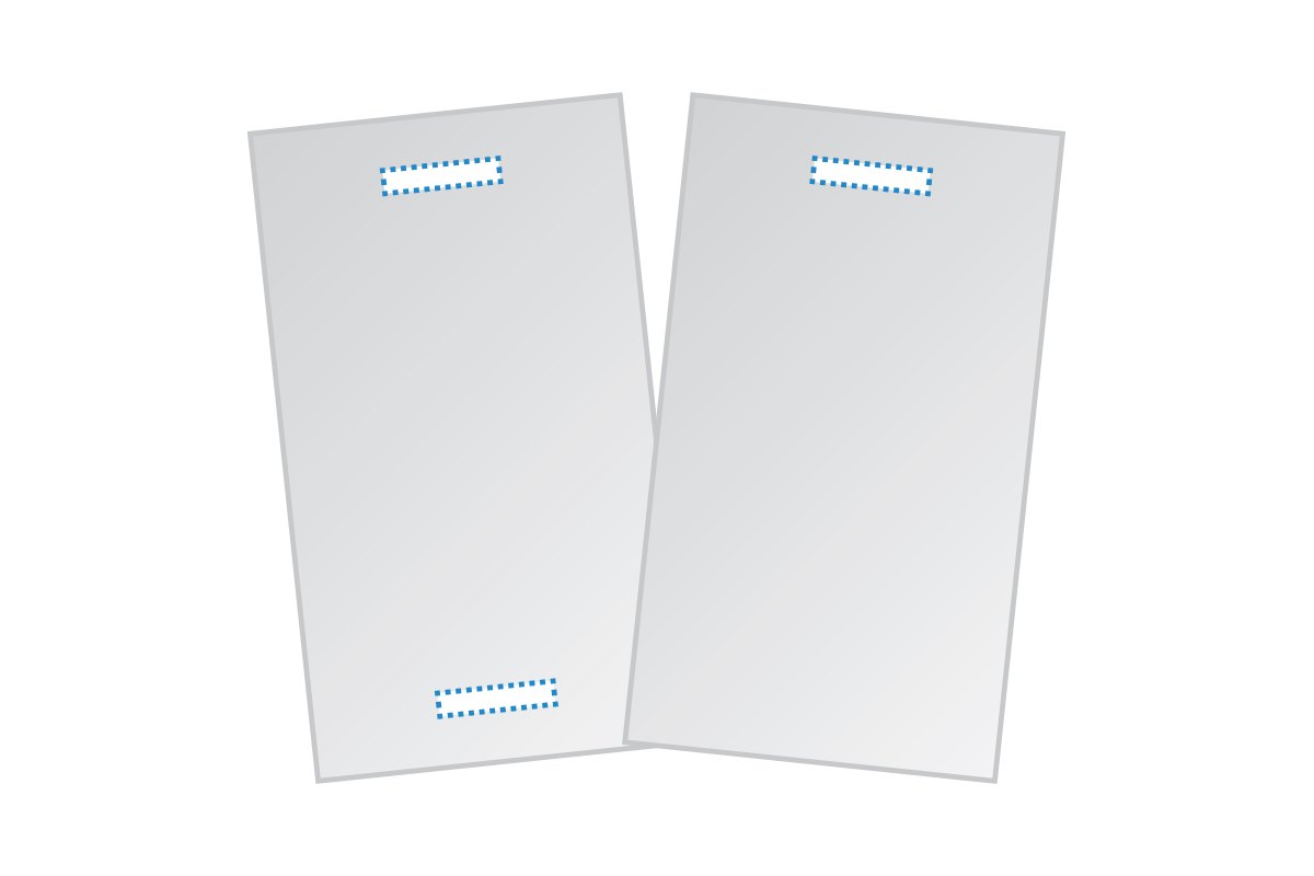 Ilustration of two rectangle shaped custom printed hang tags showing different drill hole positions. 