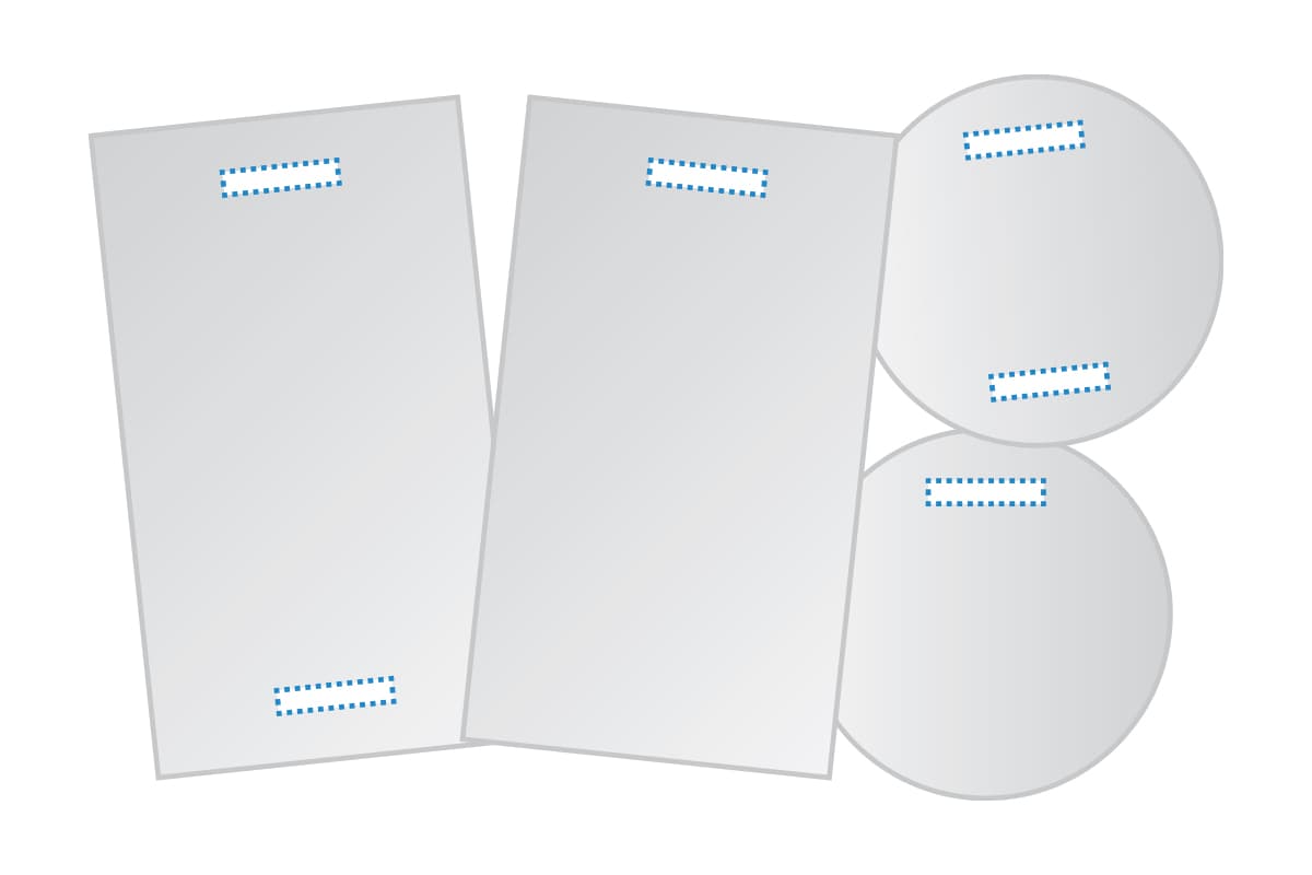 Ilustration of two rectangle shaped custom printed hang tags showing different drill hole positions. 