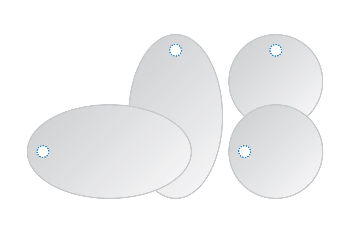 Ilustration of four oval and circle custom printed hang tags showing different drill hole positions. 