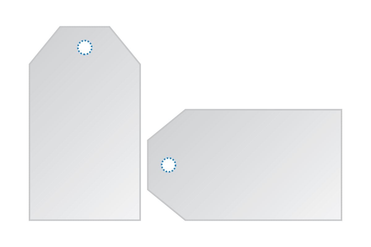 Ilustration of two diamond shaped custom printed hang tags showing different drill hole positions. 