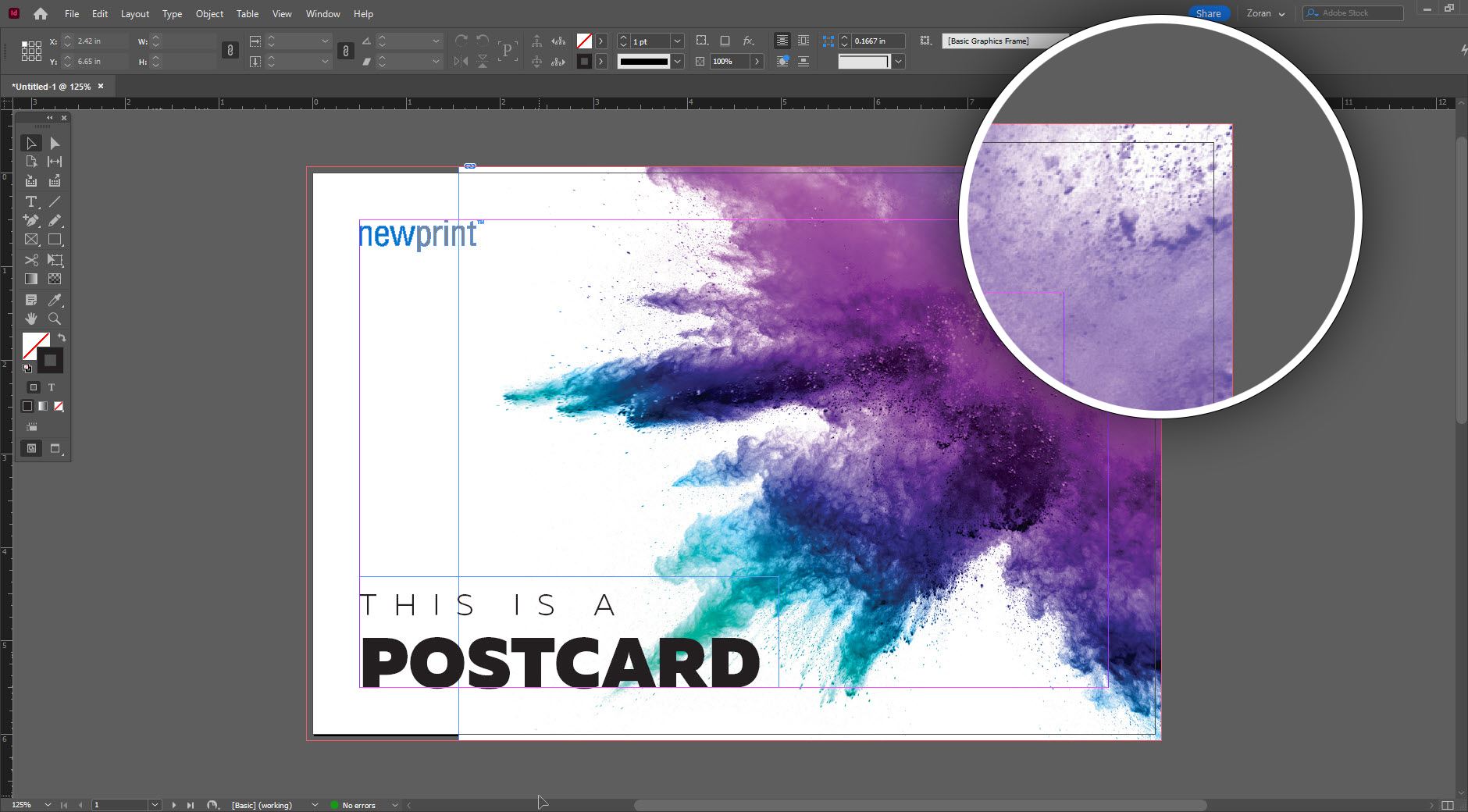 Screenshot of Adobe Indesign workspace showing a postcard design and indicating how to correctly set up a print file.