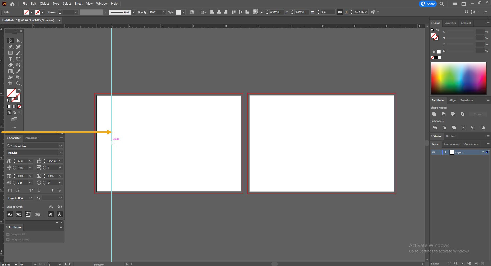 Screenshot of Adobe Illustrator workspace with two blank artboards.