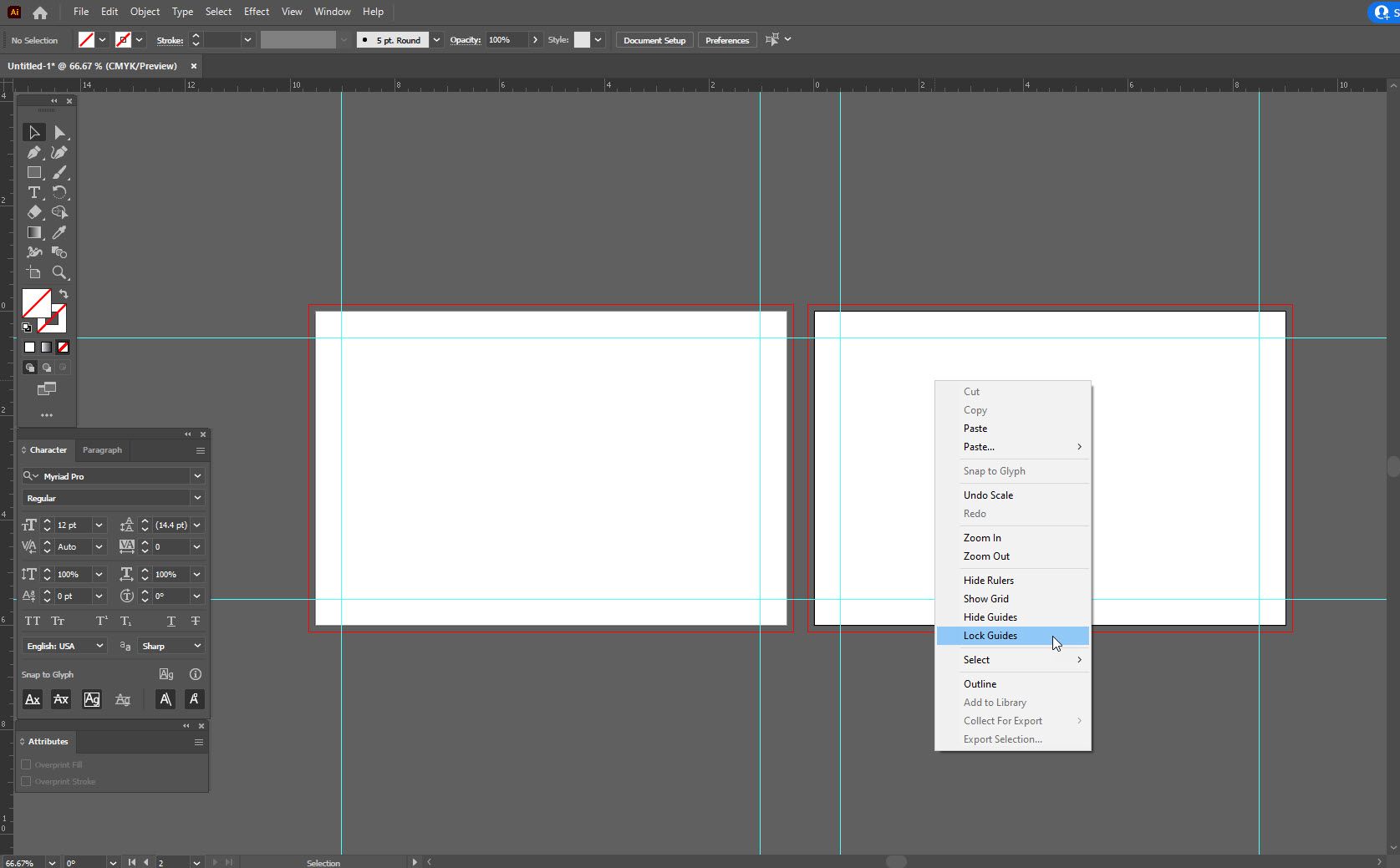 Screenshot of Adobe Illustrator workspace with two open artboards showing how to unlock guides to set up a print file.