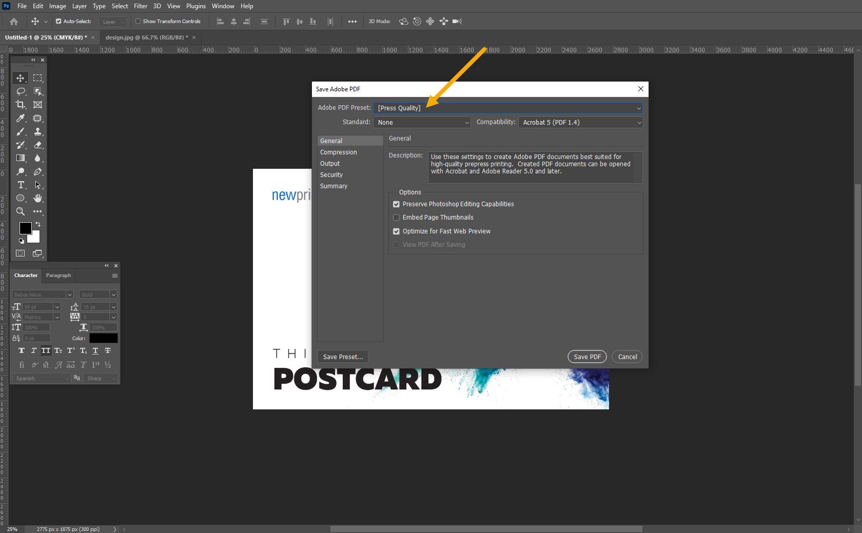 Screenshot of Adobe Photoshop PDF export dialog box showing the correct settings for exporting a print file.