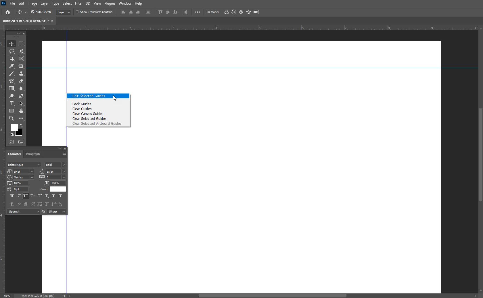 Screenshot of Adobe Photoshop workspace with a blank document showing how to edit guidelines to set up a print file.