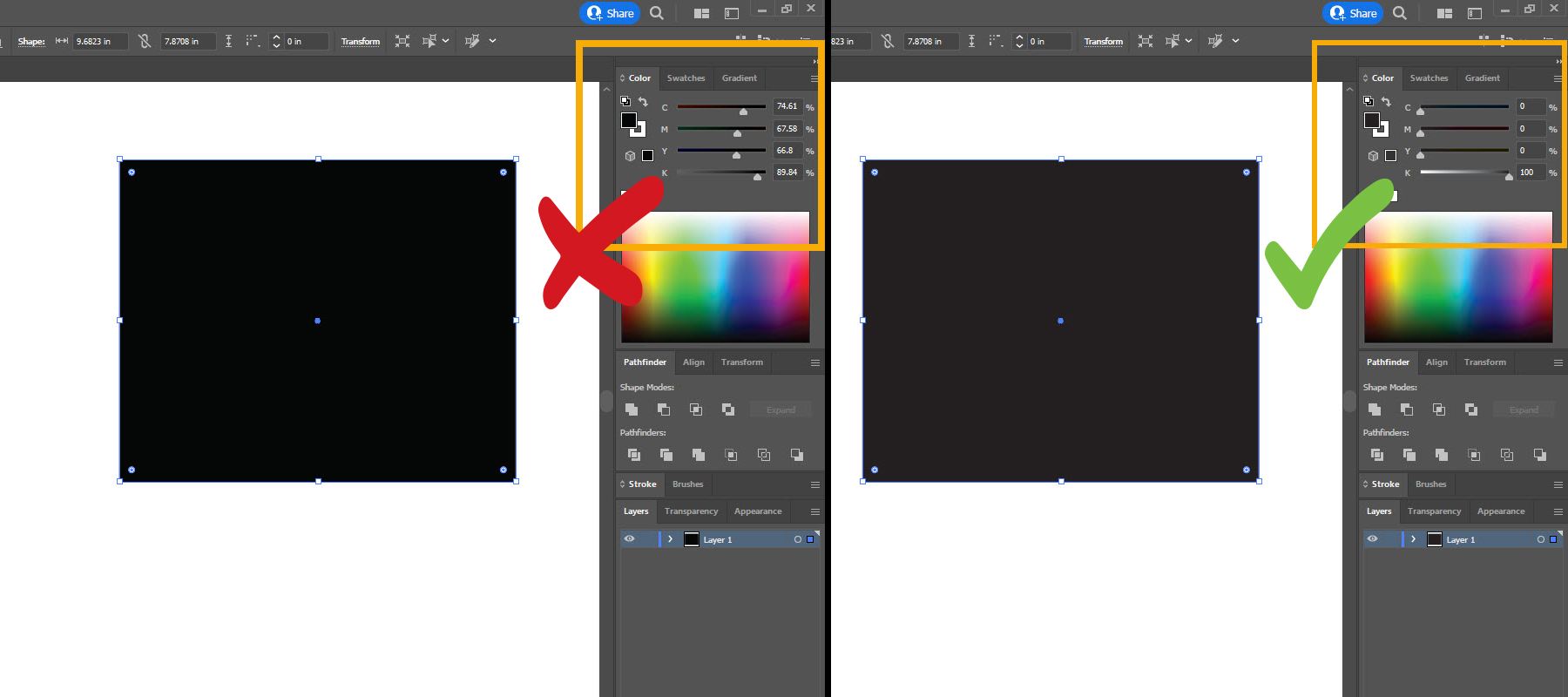 Two screenshots of the color settings in Adobe Illustrator comparing the CMYK values of the black color when converted from RGB and when using 100%K only in order to show the correct print file settings.