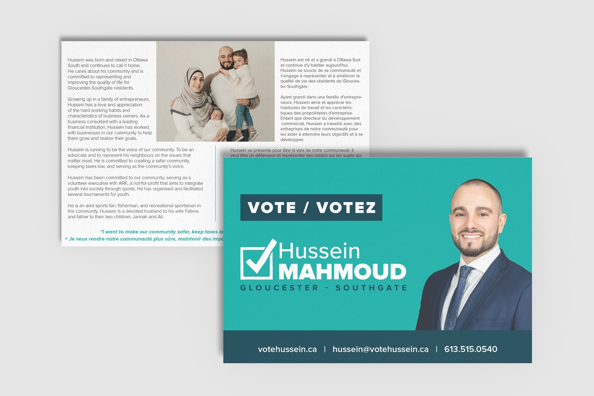 Front and back side of a postcard promoting a municipal elections 2022 candidate.