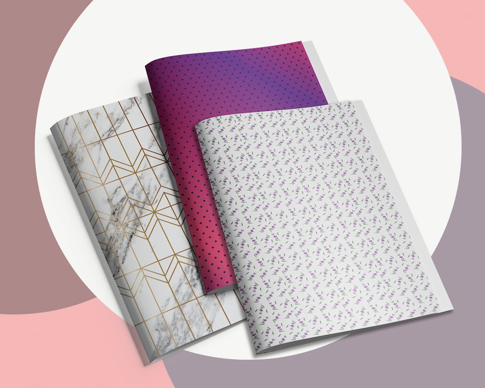 Luxury wrapping paper designs with marble, purple dots, and lavender themes.