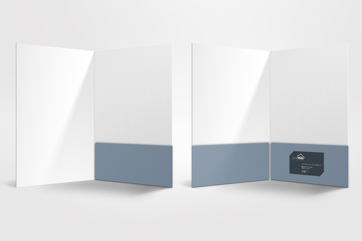 Two open white Presentation Folders with gray pockets next to each other. One has a business card slit, the other doesn't.