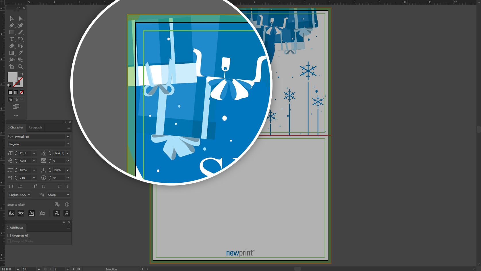 Screen shot of an Adobe Illustrator print template with a design applied zooming in on the bleed area.