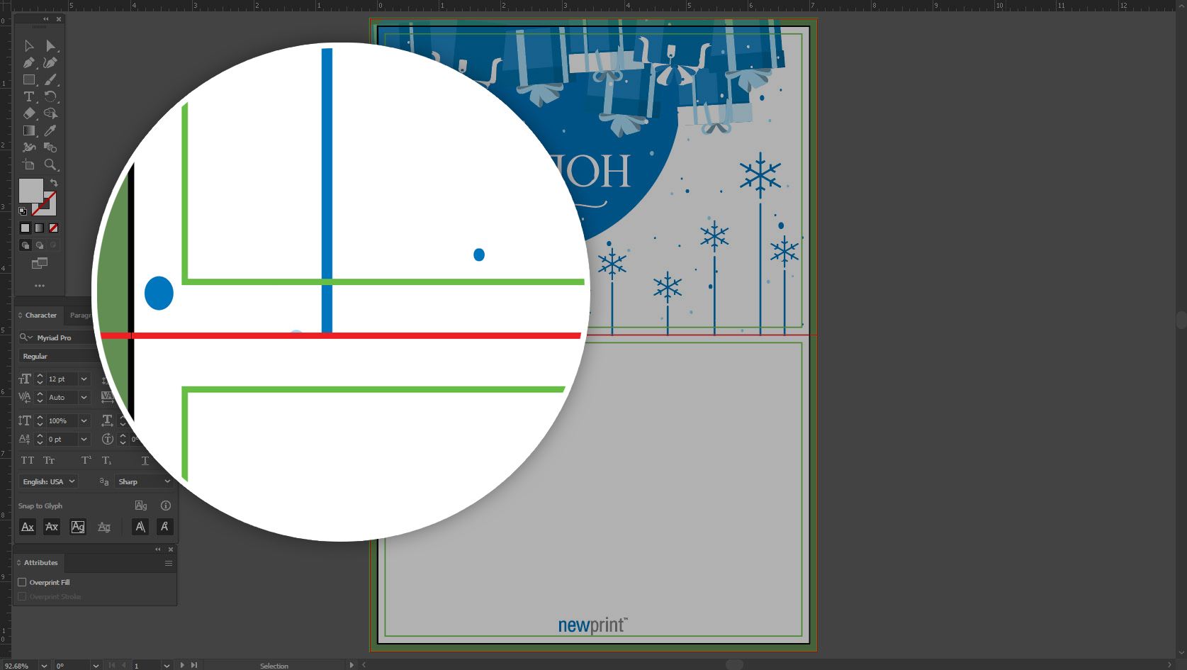 A screen shot of a greeting card design in Adobe Illustrator zooming in on the fold line of a print template.