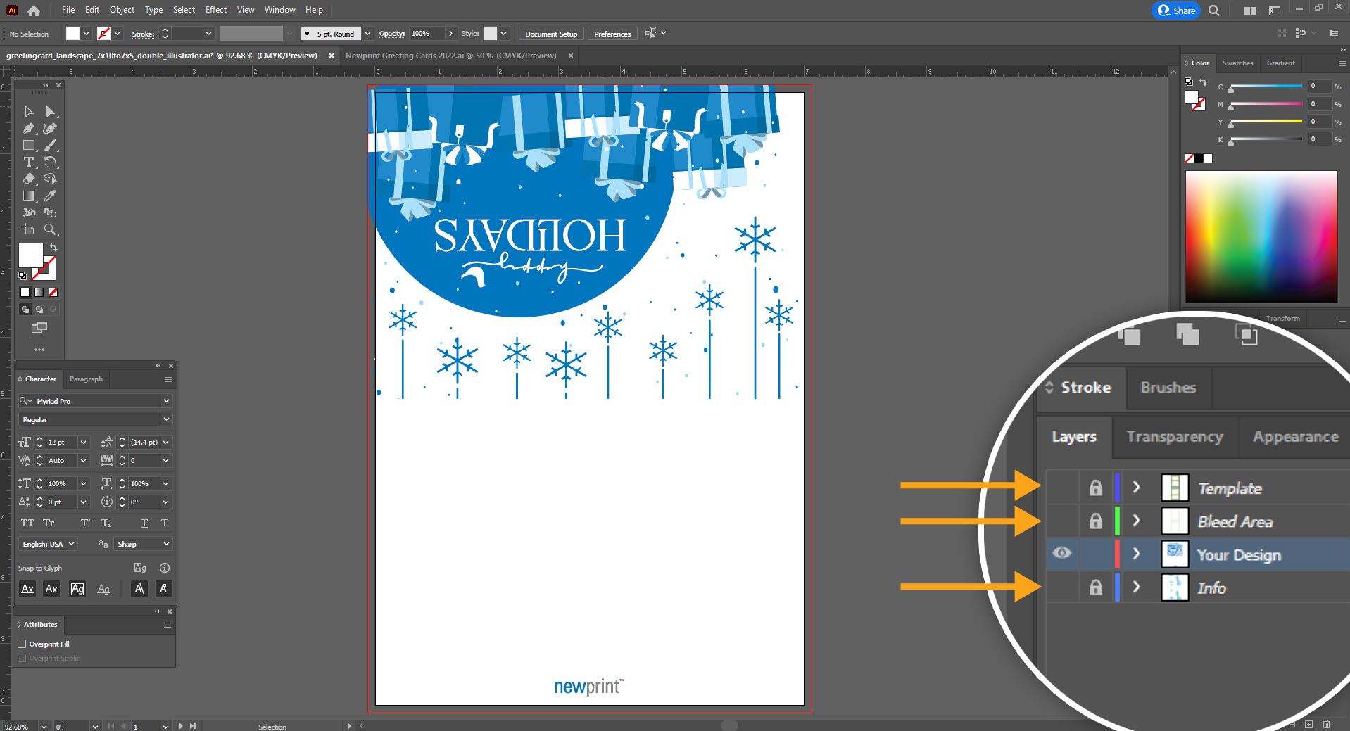 A screen shot of a greeting card design in Adobe Illustrator showing where to switch the layer visibility on and off on a print template.