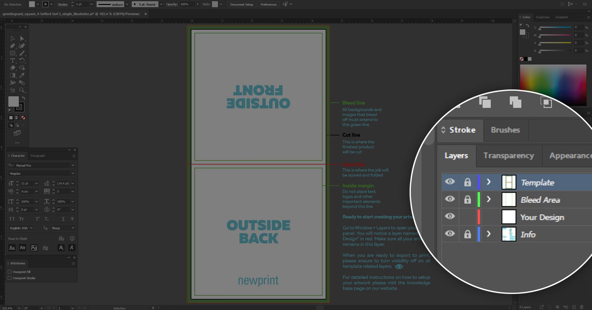A screen shot of a blank Adobe Illustrator print template showing the layer structure of the template.