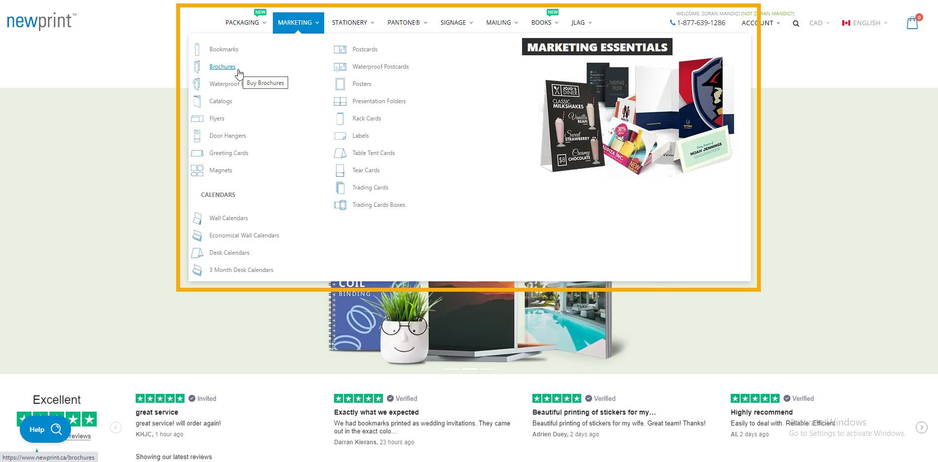 A screen shot of the main menu on Newprint's website showing where to choose a product in order to download a print template.