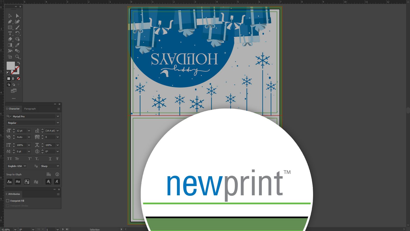 A screen shot of a greeting card design in Adobe Illustrator zooming in on the safe zone area of a print template.