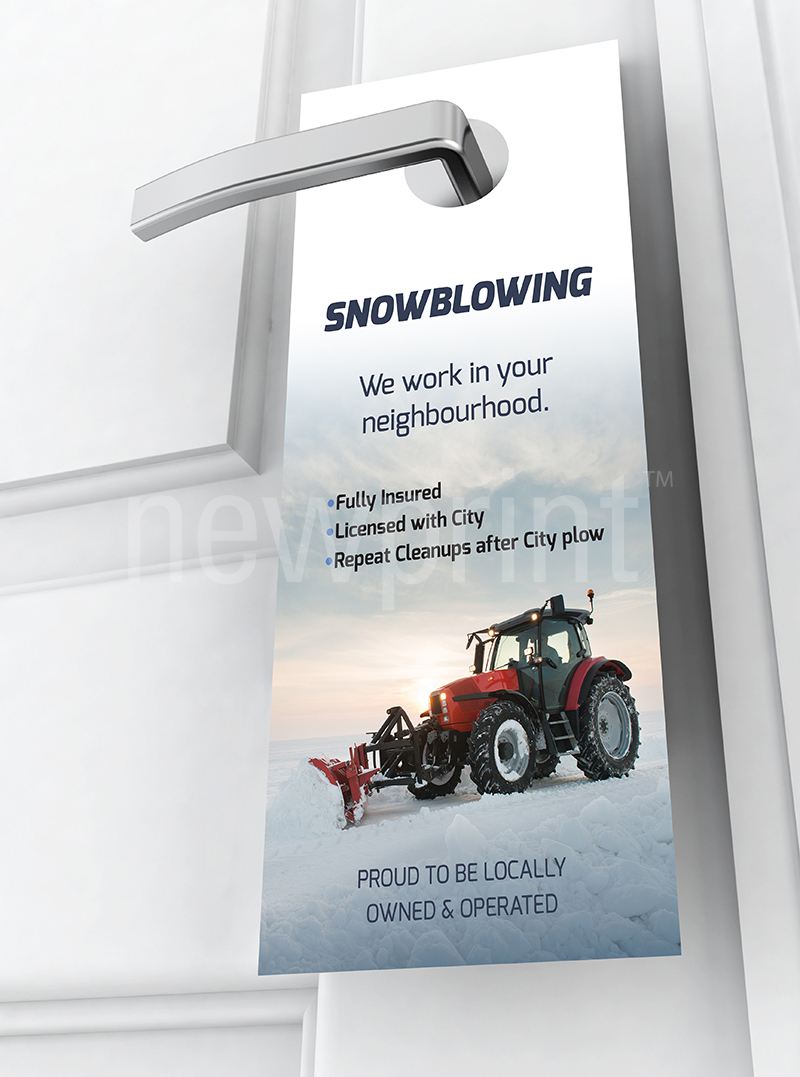 Door hanger promoting snow blowing services as one of the seasonal marketing ideas.